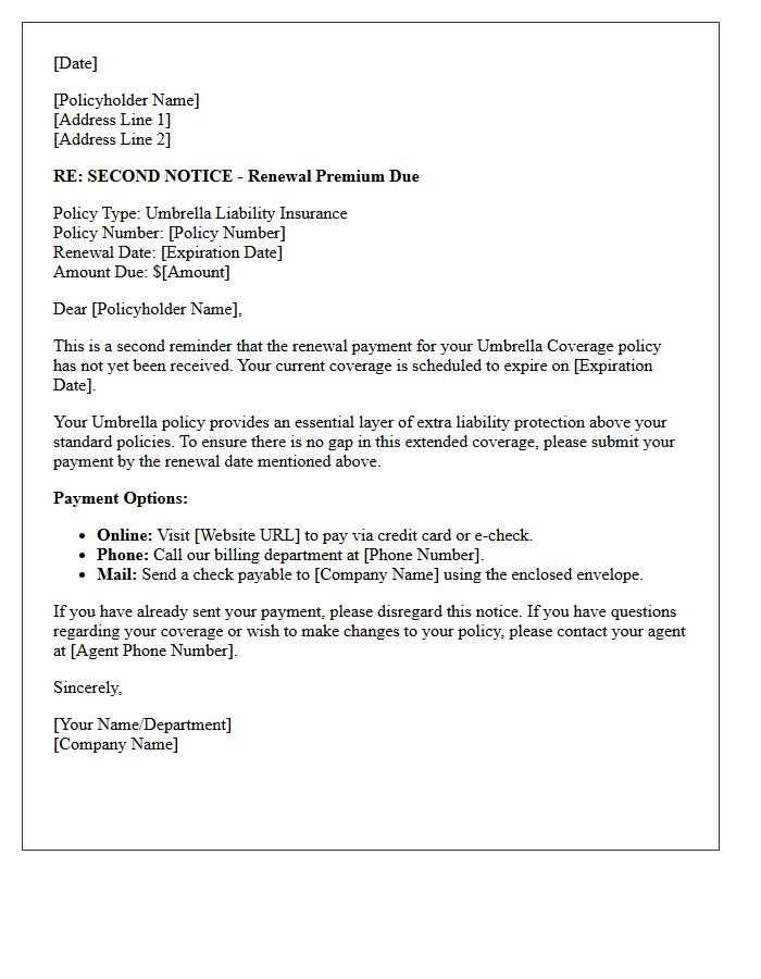 Second Notice Annual Renewal Payment Reminder Letter for Umbrella Coverage