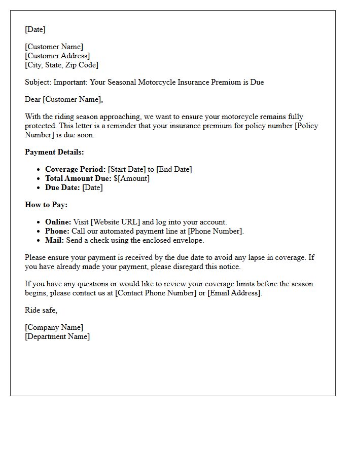 Upcoming Seasonal Motorcycle Insurance Billing Letter