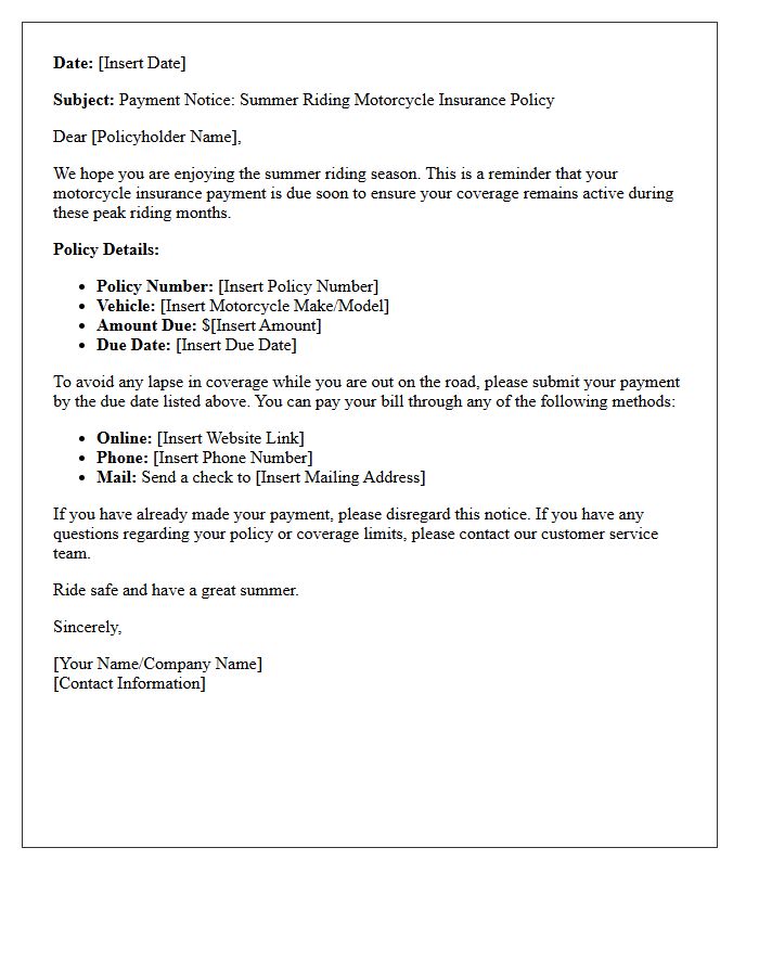 Summer Riding Motorcycle Insurance Payment Notice Letter