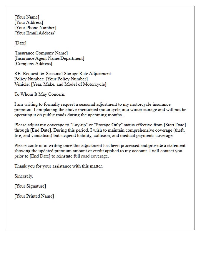 Motorcycle Insurance Seasonal Storage Payment Adjustment Letter