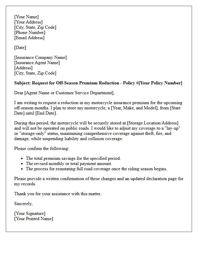 Off-Season Motorcycle Insurance Premium Reduction Letter