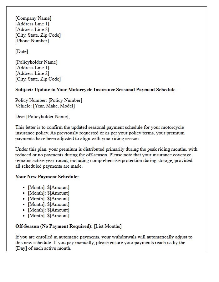 Motorcycle Insurance Seasonal Payment Schedule Update Letter