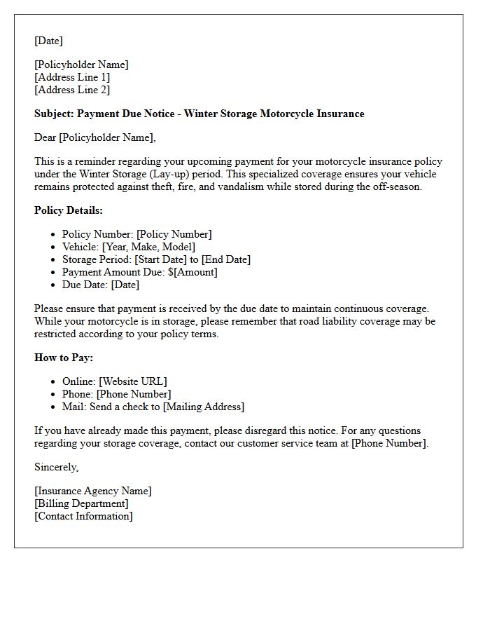 Winter Storage Motorcycle Insurance Payment Notice Letter