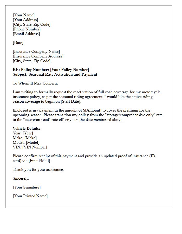 Motorcycle Insurance Seasonal Rate Activation Payment Letter