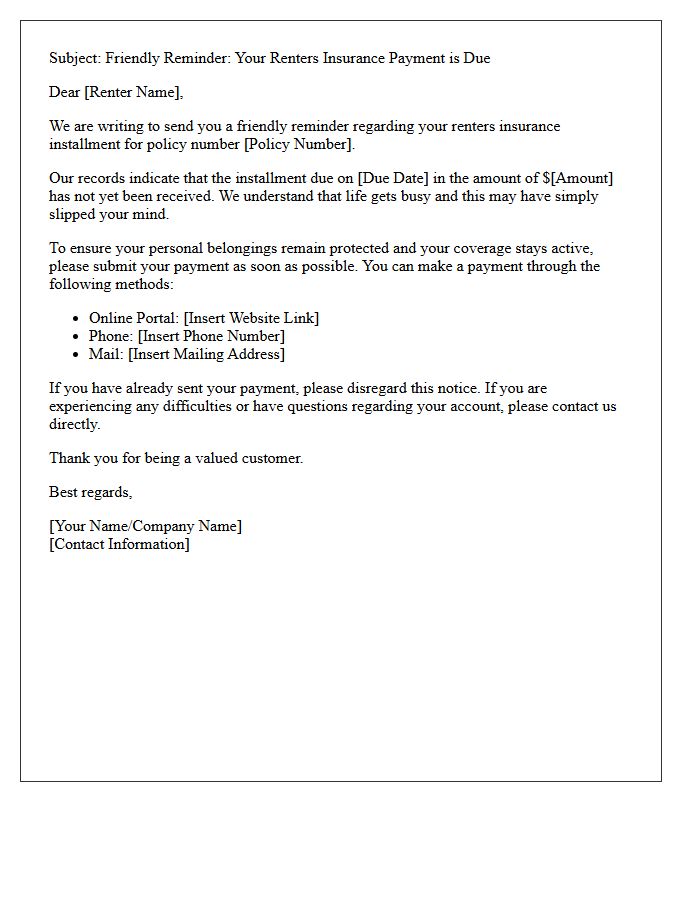 Friendly Reminder Letter for Renters Insurance Past Due Installment