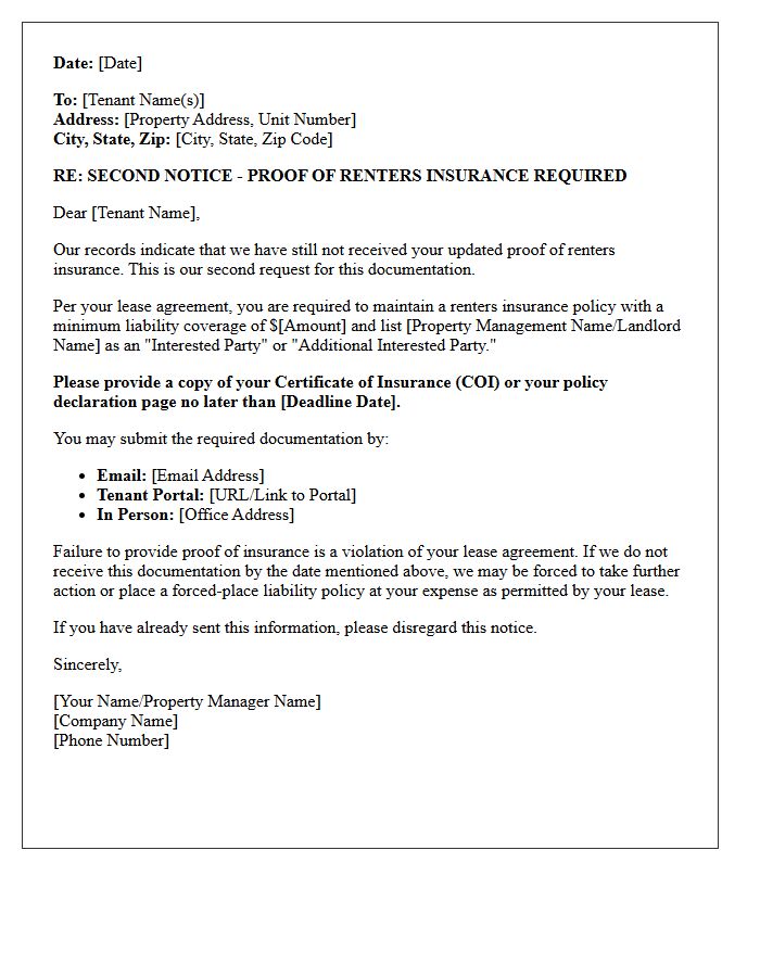 Second Notice Past Due Renters Insurance Letter