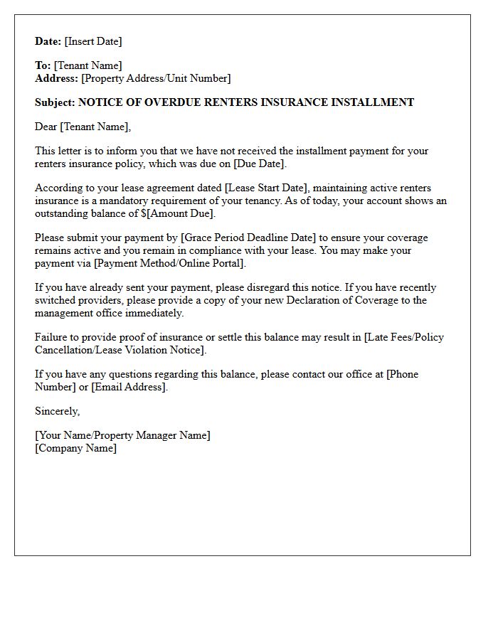 Notice of Overdue Renters Insurance Installment Letter
