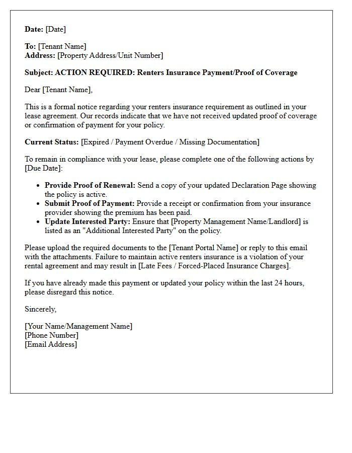Action Required Renters Insurance Payment Letter