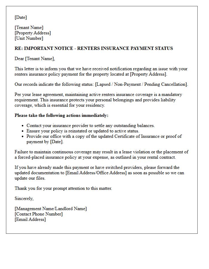 Important Notice Letter Regarding Renters Insurance Payment