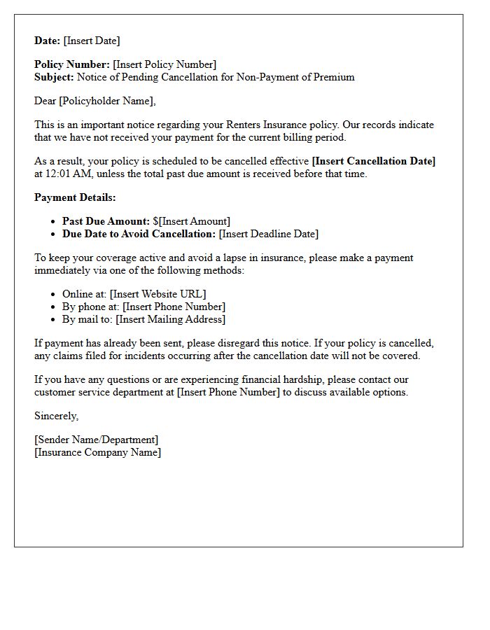 Pending Cancellation Letter for Past Due Renters Policy