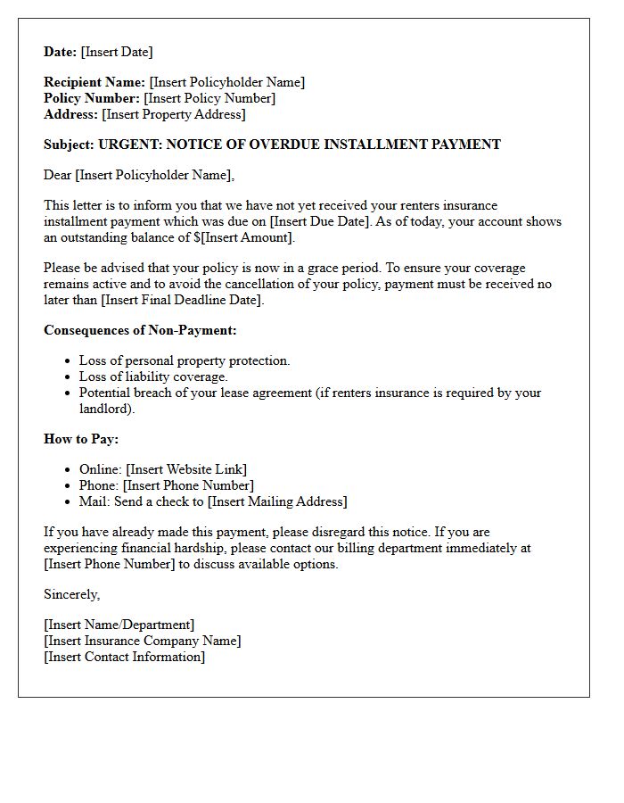 Renters Insurance Installment Default Warning Letter
