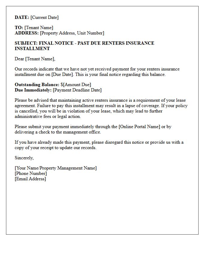 Final Notice Letter for Renters Insurance Installment