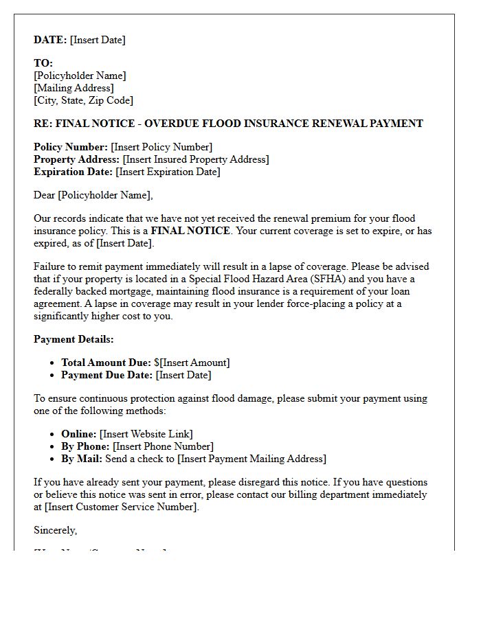 Final Notice Letter Regarding Overdue Flood Insurance Renewal Payment