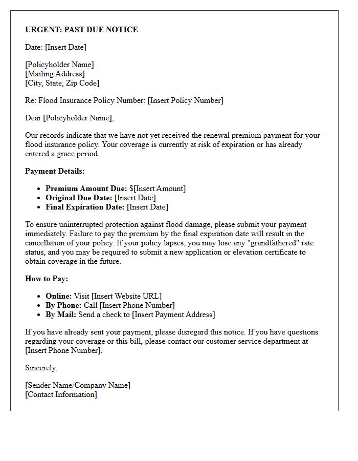 Past Due Warning Letter for Flood Insurance Premium Renewal Payment