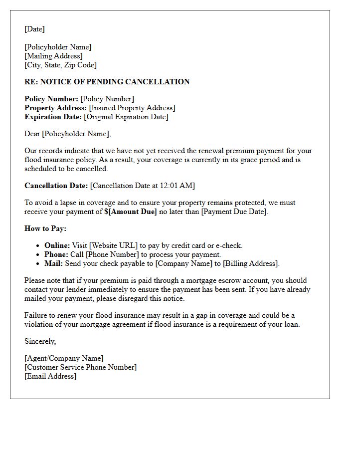 Pending Cancellation Letter for Unpaid Flood Insurance Renewal Payment