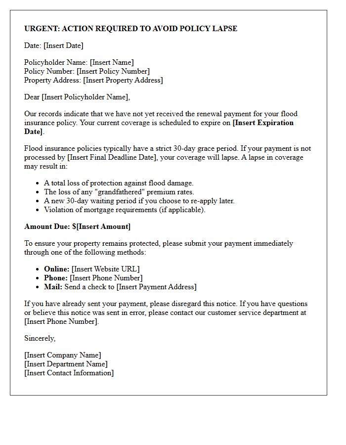 Policy Lapse Warning Letter for Missing Flood Insurance Renewal Payment