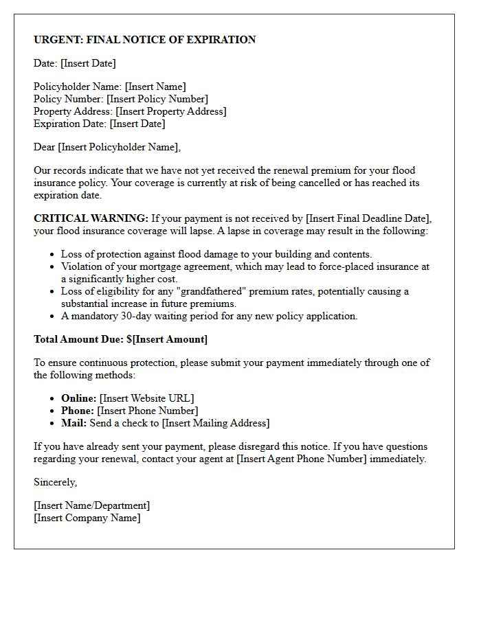 Critical Warning Letter for Outstanding Flood Insurance Renewal Payment