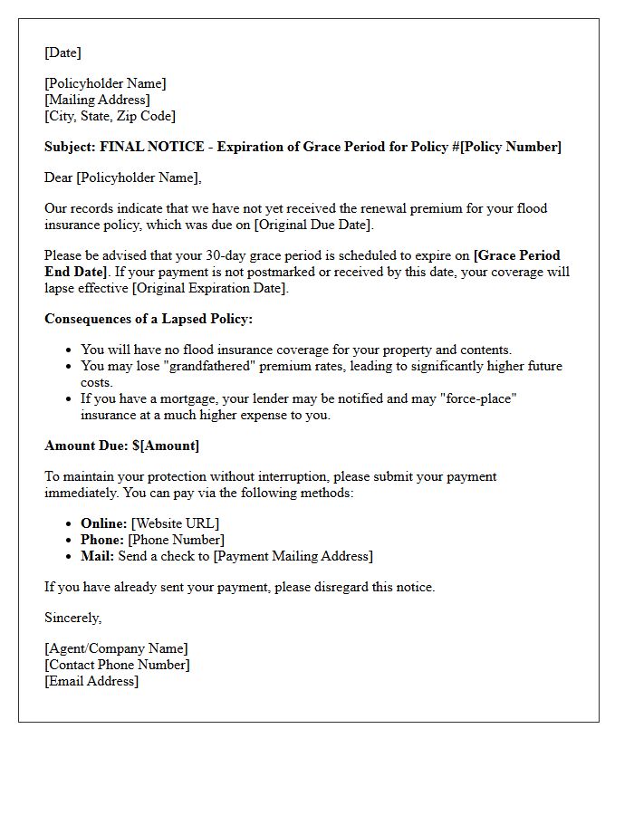 Grace Period Expiration Letter for Flood Insurance Renewal Payment