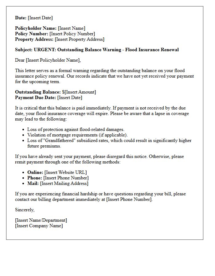 Outstanding Balance Warning Letter for Flood Insurance Renewal Payment