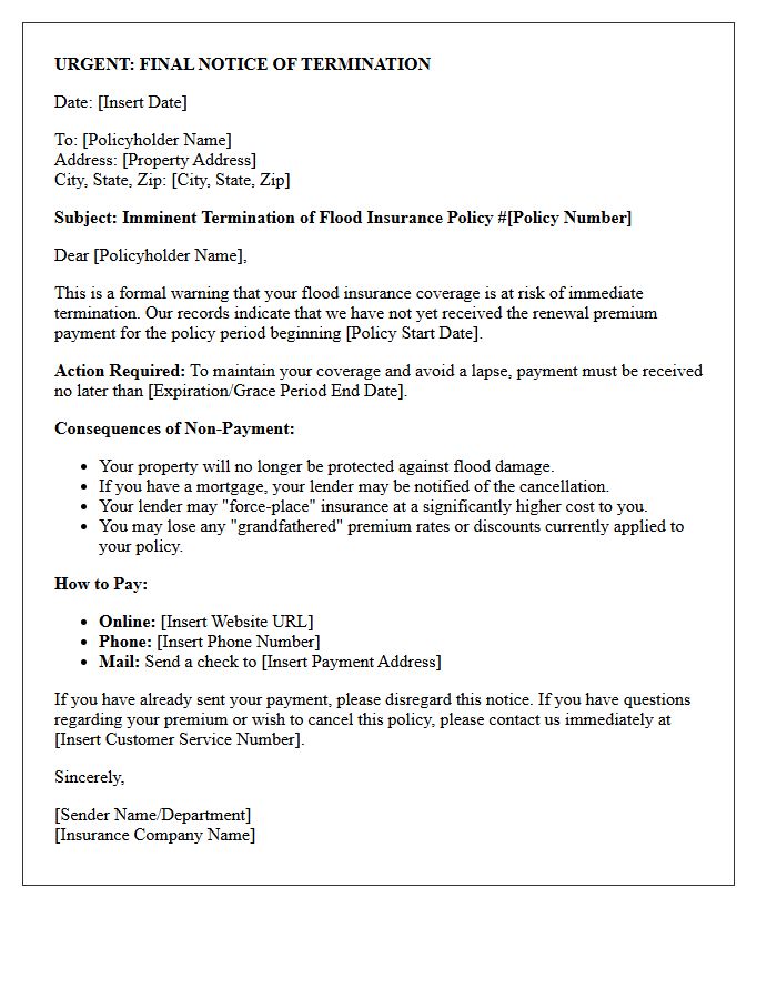 Imminent Termination Warning Letter for Flood Insurance Renewal Payment