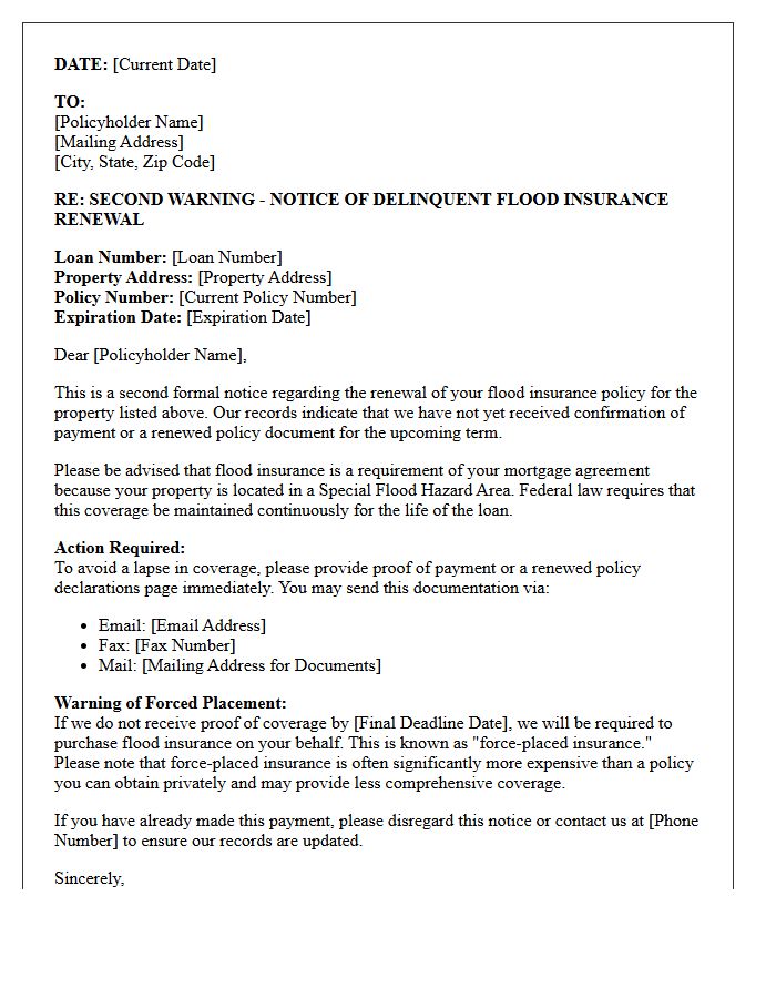 Second Warning Letter for Delinquent Flood Insurance Renewal Payment