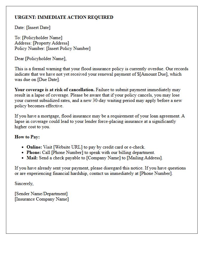 Immediate Action Warning Letter for Overdue Flood Insurance Renewal Payment