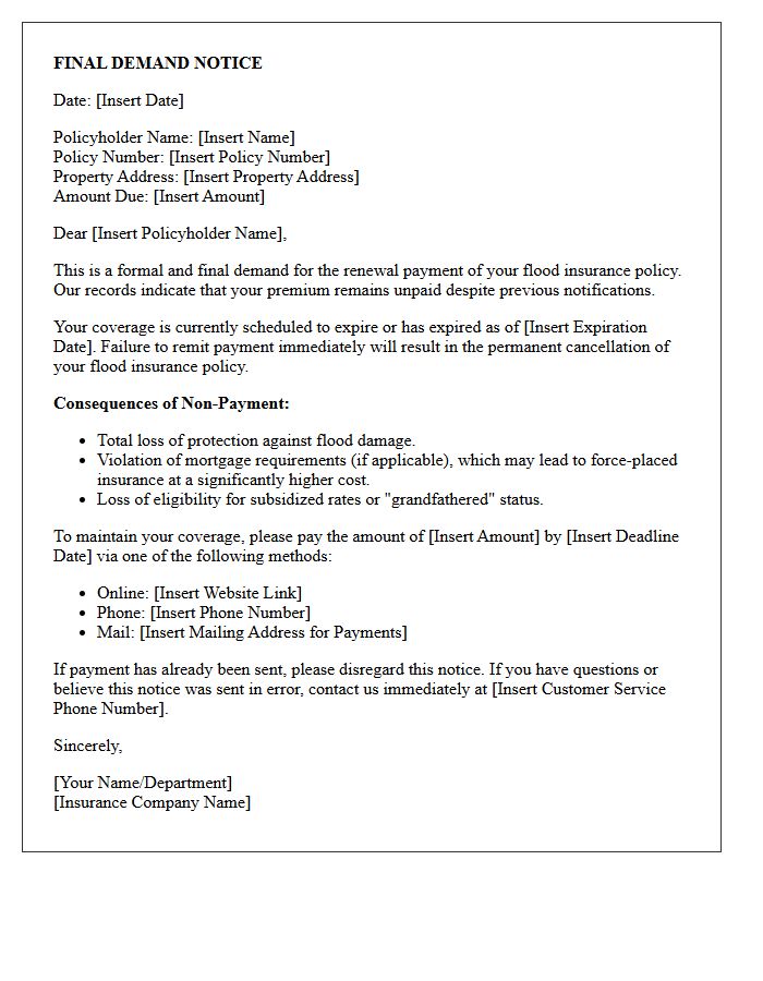 Final Demand Letter for Flood Insurance Policy Renewal Payment