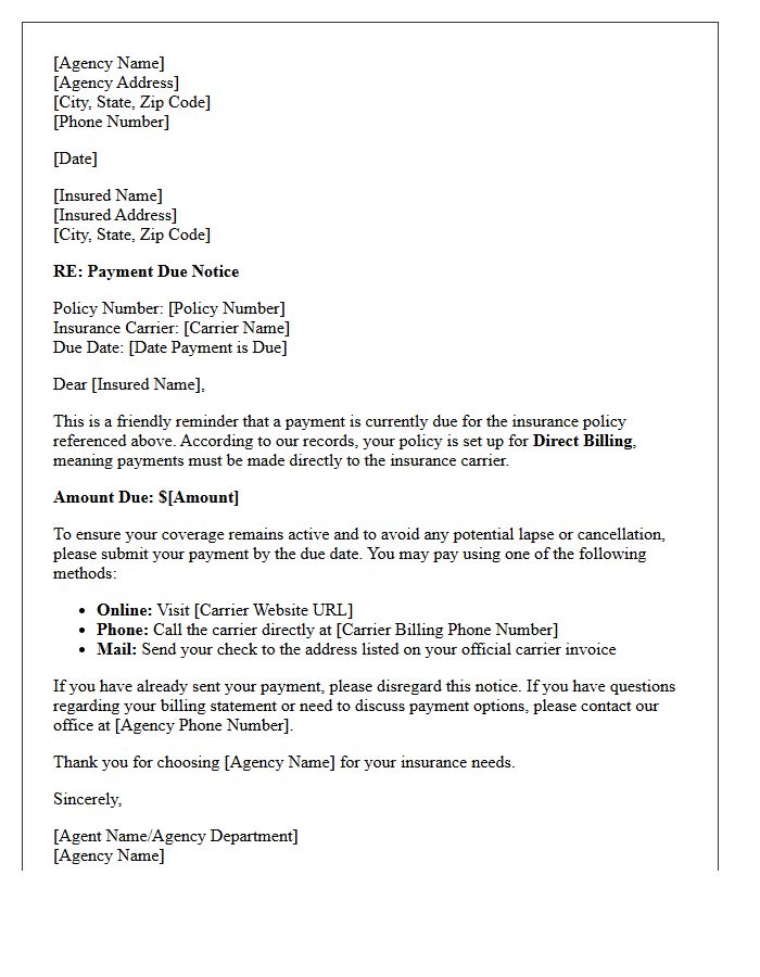 Standard Notice of Agency Direct Bill Payment Due Letter