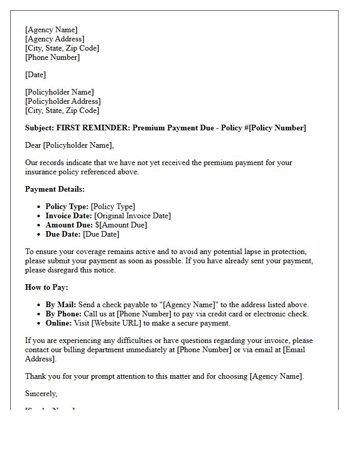 First Reminder Letter for Agency Direct Bill Premium