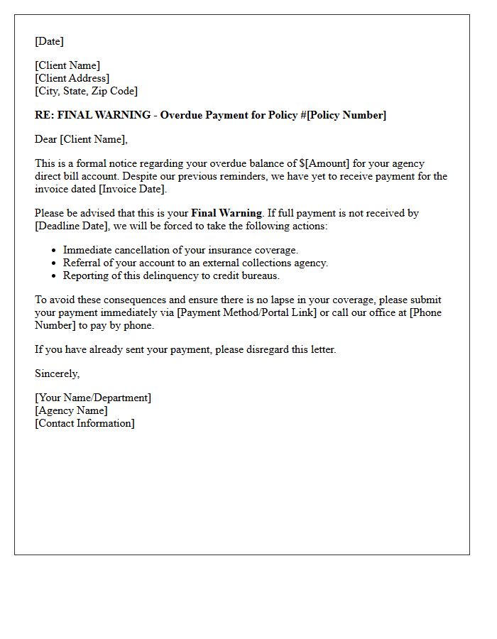 Final Warning for Overdue Agency Direct Bill Payment Letter
