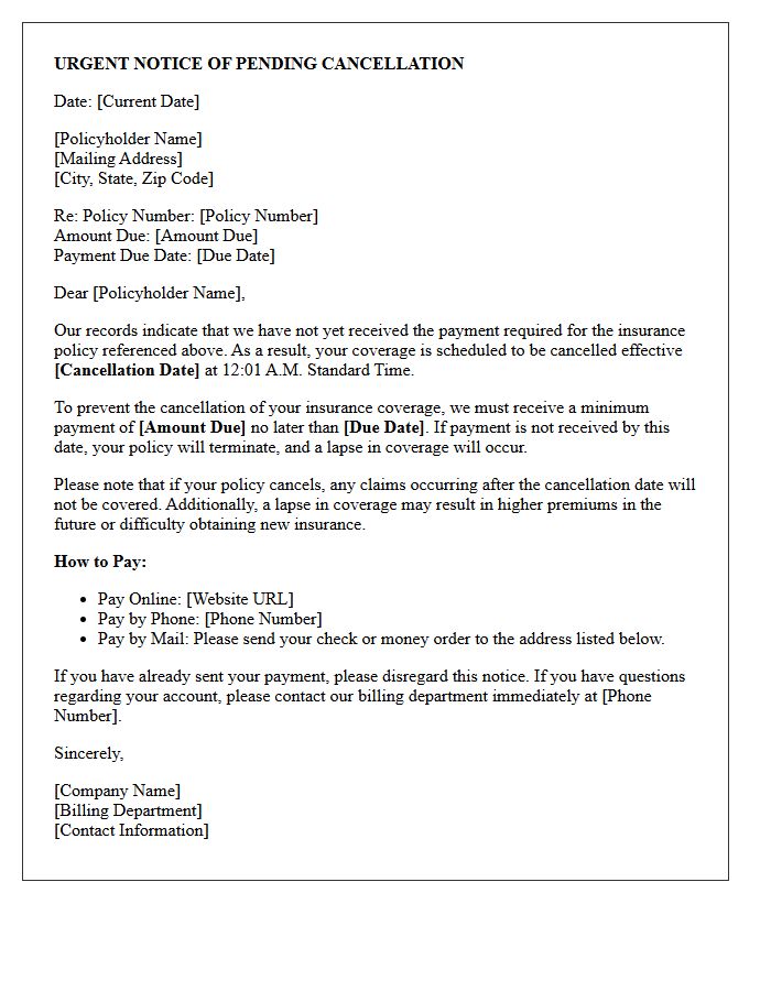 Urgent Notice of Pending Cancellation Direct Bill Letter