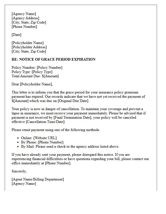 Grace Period Expiration Agency Direct Bill Notice Letter