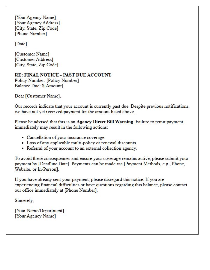 Past Due Account Agency Direct Bill Warning Letter