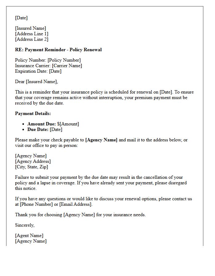 Renewal Policy Agency Direct Bill Payment Reminder Letter