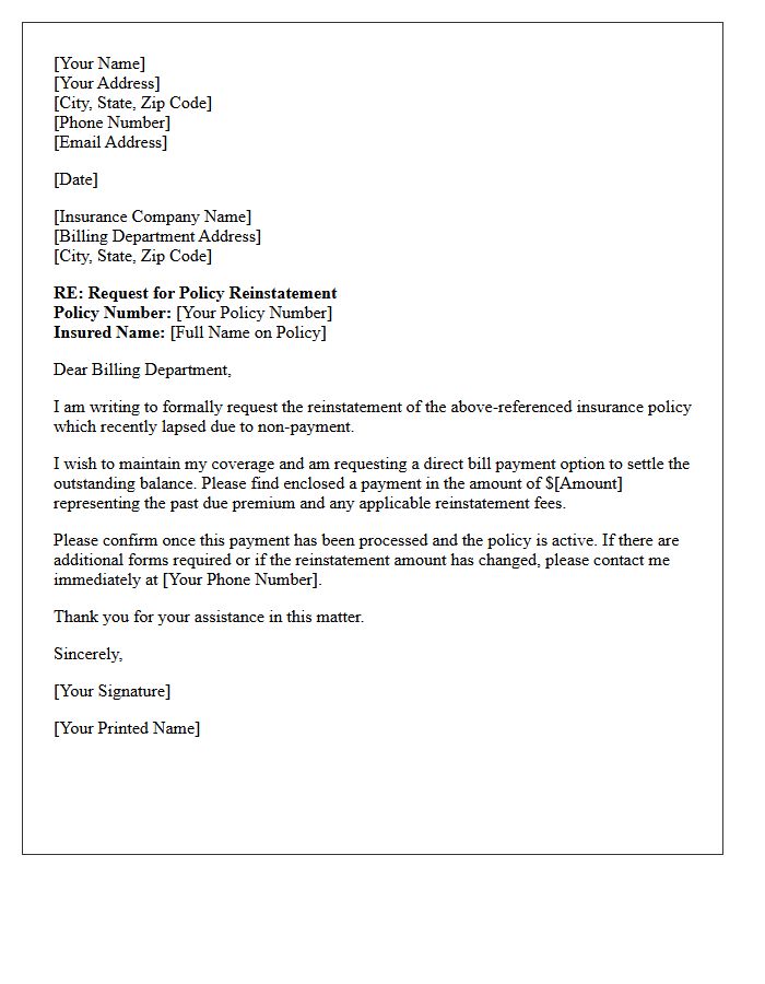 Policy Reinstatement Direct Bill Payment Request Letter