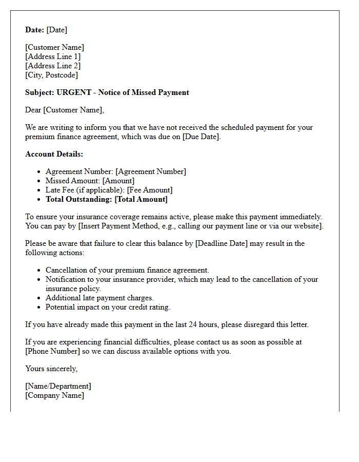 Premium Finance Missed Payment Warning Letter