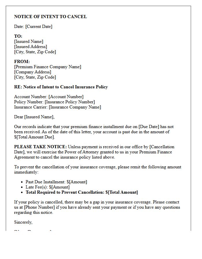 Premium Finance Company Intent to Cancel Letter