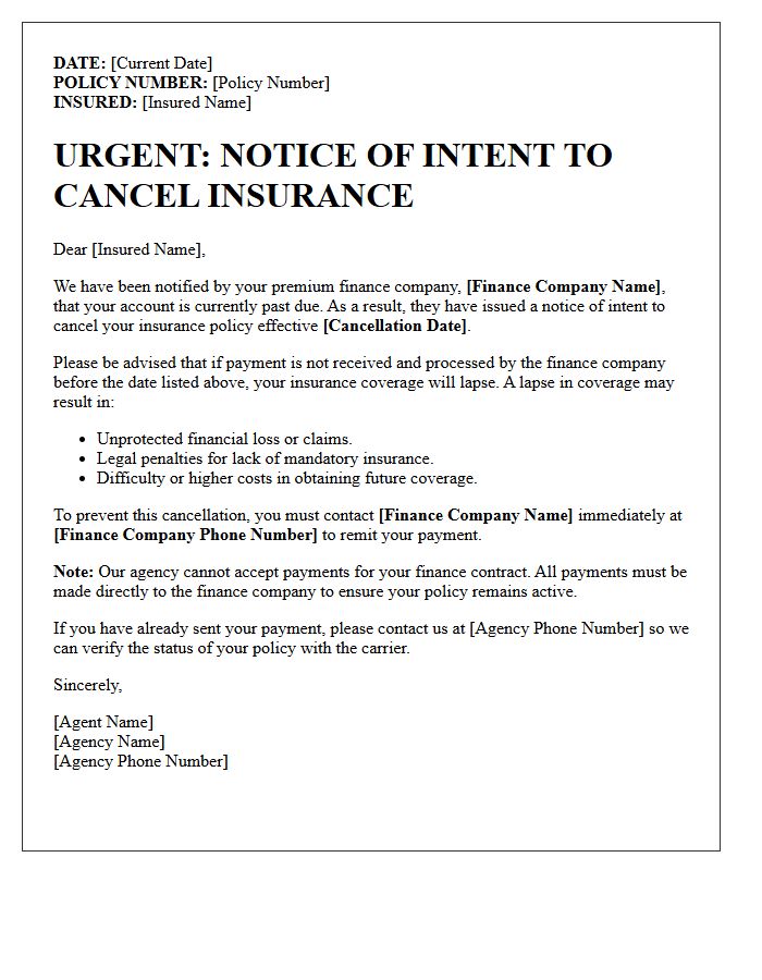 Agency Warning of Financed Premium Cancellation Letter