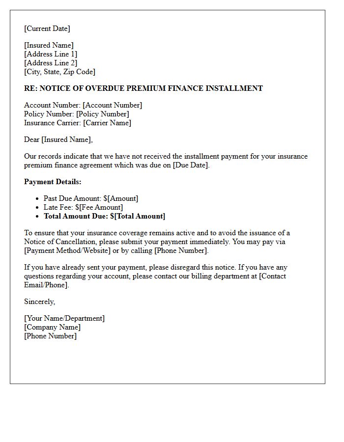 Notice of Overdue Premium Finance Installment Letter
