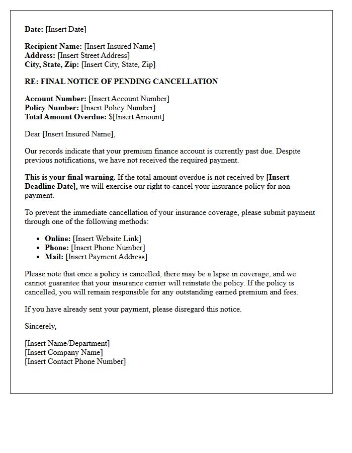 Final Warning Before Premium Finance Cancellation Letter