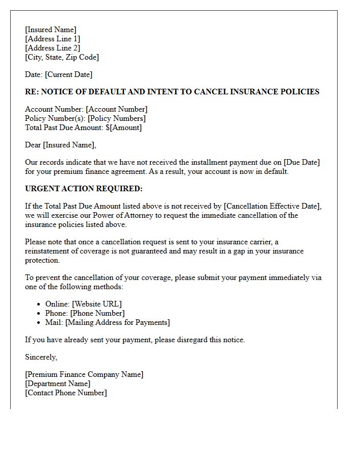 Premium Finance Default and Cancellation Warning Letter