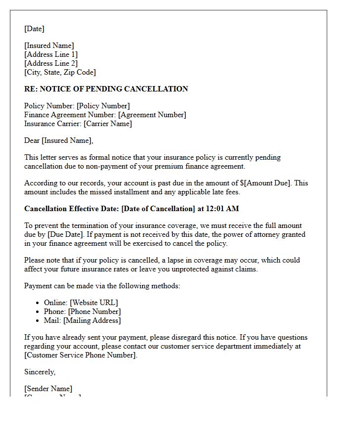 Financed Policy Pending Cancellation Notice Letter