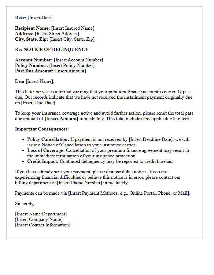 Premium Finance Account Delinquency Warning Letter