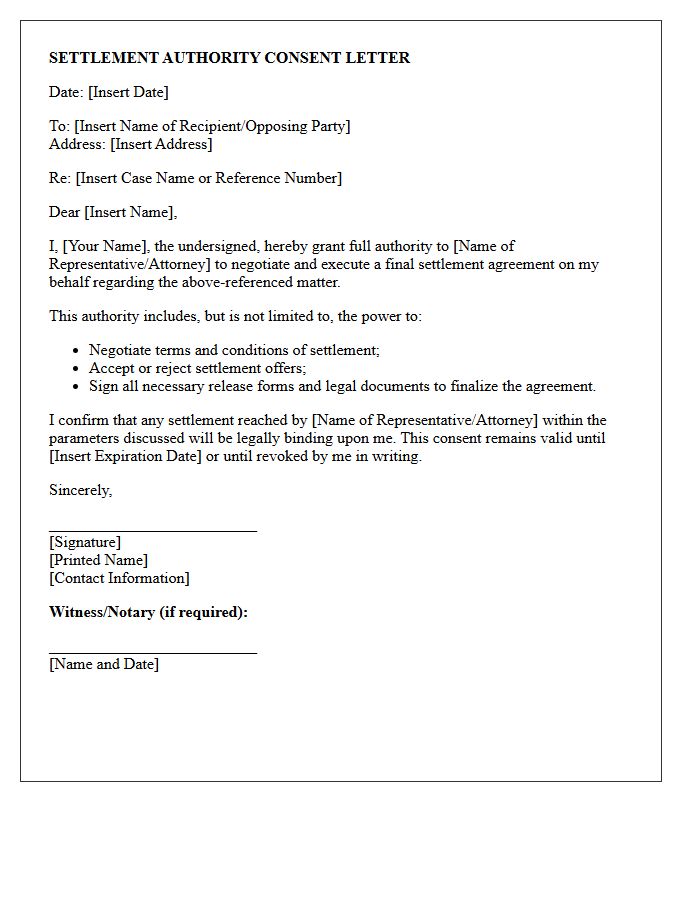 Settlement Authority Consent Letter