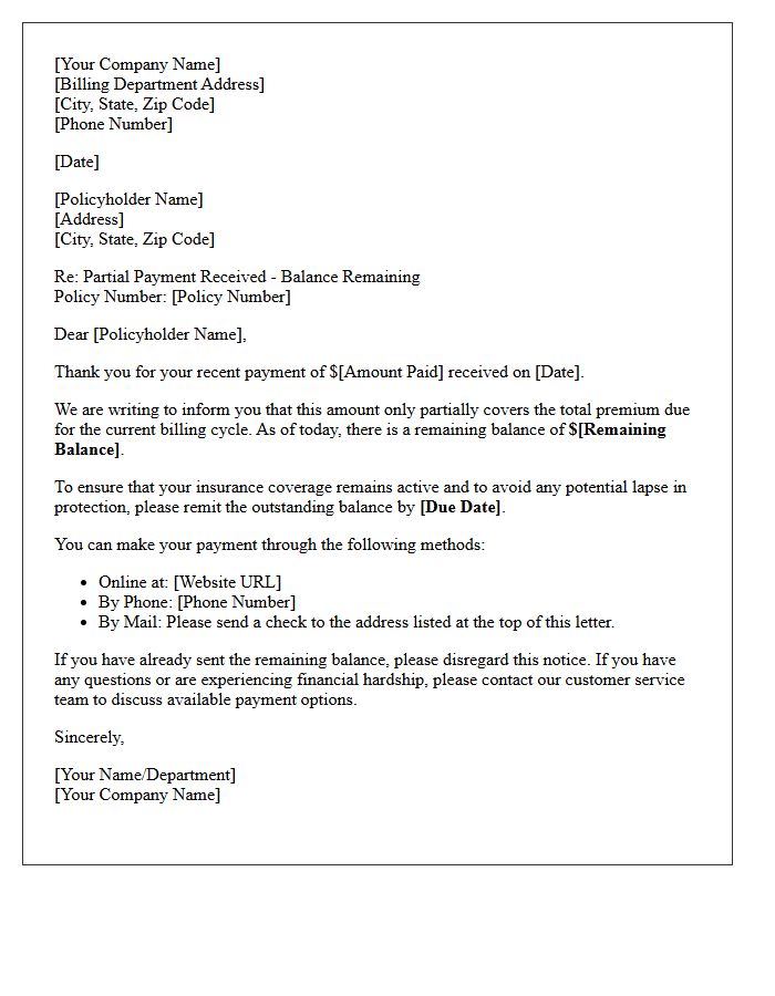Insurance Premium Partial Payment Balance Due Letter