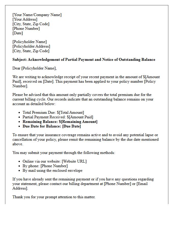 Letter Regarding Partial Payment and Outstanding Policy Balance
