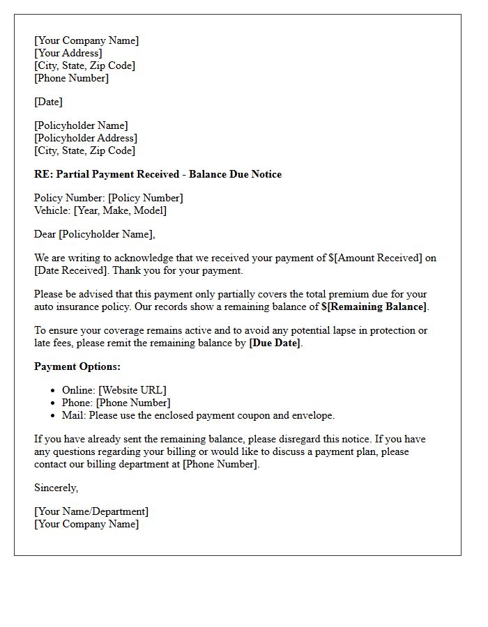 Auto Insurance Partial Payment Received Balance Reminder Letter