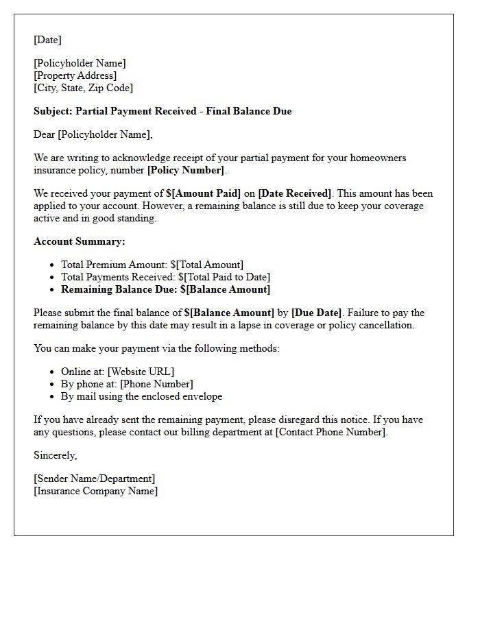 Homeowners Policy Partial Payment and Final Balance Due Letter