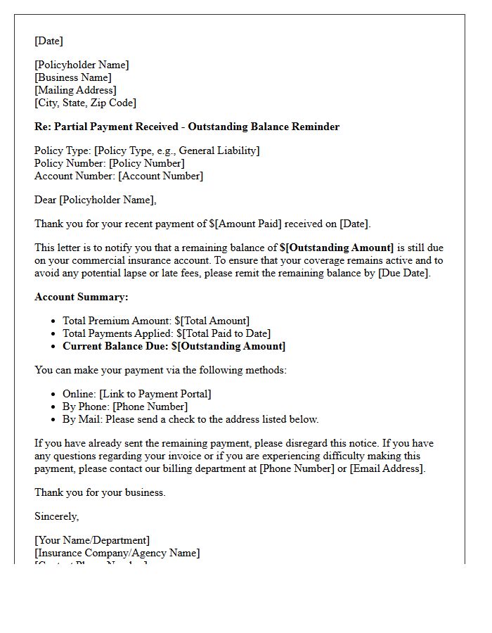 Commercial Insurance Balance Due Reminder Letter for Partial Payment