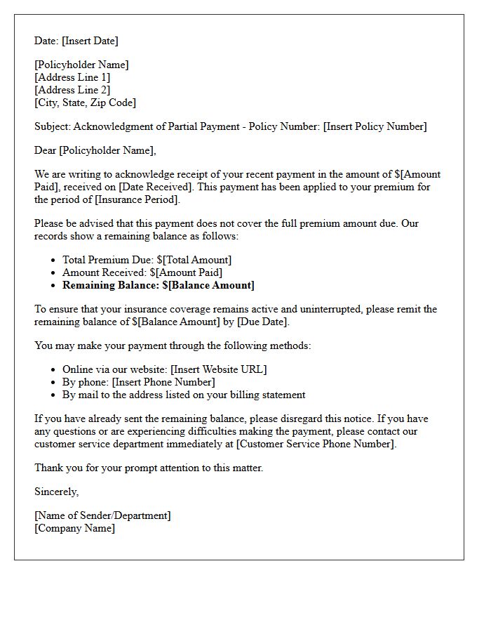 Letter of Acknowledgment for Partial Premium Payment and Balance Due
